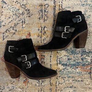 Black nubuck suede Dolce Vita black ankle booties with silver metal accents, 9.5
